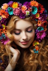Naklejka premium A woman with a wreath of flowers on her head. AI.