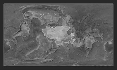 Eurasian tectonic plate. Grayscale. Patterson Cylindrical Oblique. Boundaries