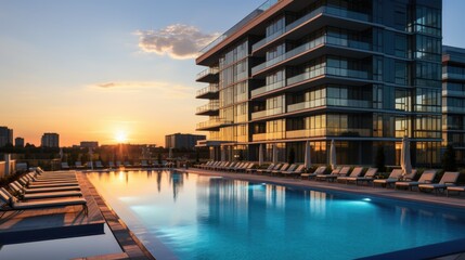 Obraz premium A large swimming pool next to a tall building. AI.