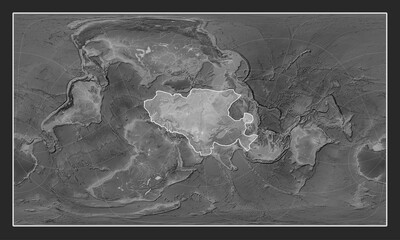 Eurasian tectonic plate. Grayscale. Patterson Cylindrical Oblique.