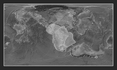 North American tectonic plate. Grayscale. Patterson Cylindrical Oblique. Earthquakes and boundaries