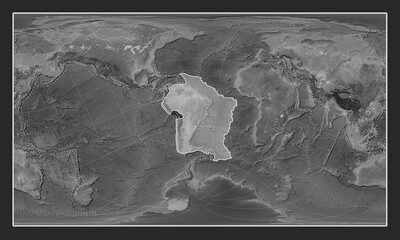 South American tectonic plate. Grayscale. Patterson Cylindrical Oblique. Boundaries