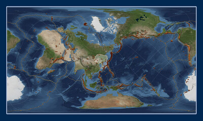 Amur tectonic plate. Satellite. Patterson Cylindrical Oblique. Volcanoes and boundaries