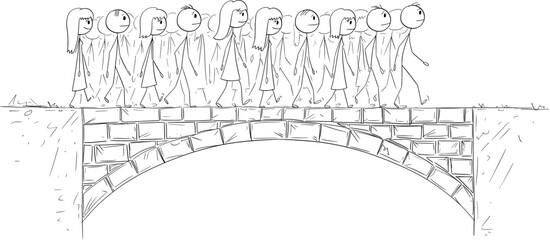 Group or Crowd of People Walking Over Bridge, vector cartoon stick figure or character illustration