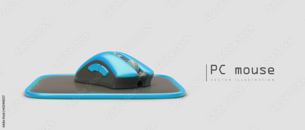 Poster color computer mouse with mat. hand device for play and work. classic computer gadget. advertising b