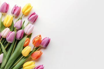 Colorful tulips on white background, flat lay border background with copy space. Generative AI