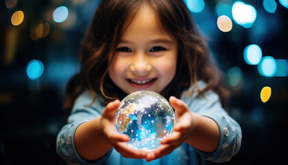 Fototapeta premium Girl holding crystal earth, Environment friendly. Saving the world from pollution, Climate change, Global warming, Eco-friendly, Save the world, Earth day