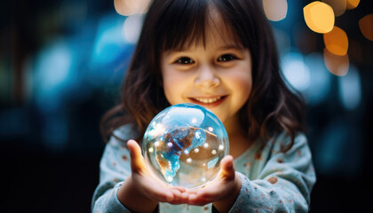 Fototapeta premium Girl holding crystal earth, Environment friendly. Saving the world from pollution, Climate change, Global warming, Eco-friendly, Save the world, Earth day
