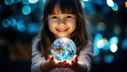 Girl holding crystal earth, Environment friendly, Saving the planet from pollution, Climate change,...