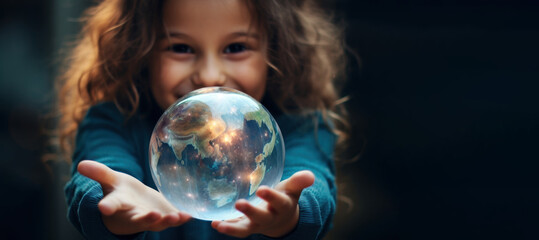 Girl holding crystal earth, Environment friendly. Saving the world from pollution, Climate change,...