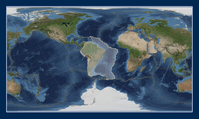 South American tectonic plate. Satellite. Patterson Cylindrical Oblique. Boundaries