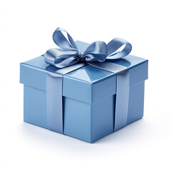 Obraz premium Blue gift box with white ribbon, white background