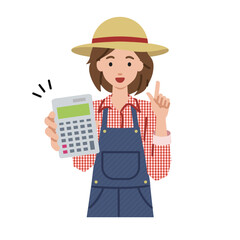 立って電卓を指差してこちらに向けて見せている農家の女性