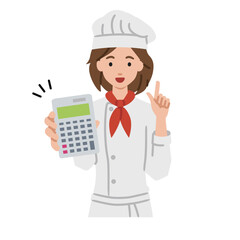 立って電卓を指差してこちらに向けて見せている調理師の女性