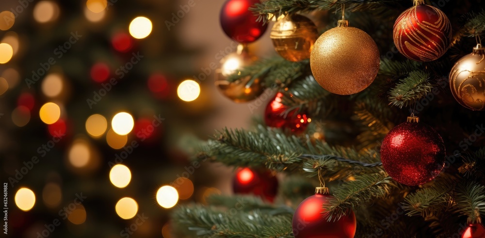 Poster close up of balls on christmas tree. created with generative ai technology