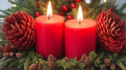 Red candles in a wreath with pine cones in the style of luminous atmosphere by Generative AI