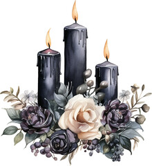 black candles and roses watercolor on white background