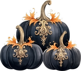 Watercolor halloween black Victorian pumpkin. Autumn dark decor. Colored decorated pumpkins, black and orange pumpkin