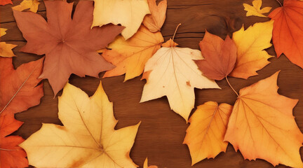 Naklejka na ściany i meble Fall leaves on a brown background by Generative AI
