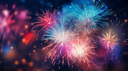 Fototapeta premium Colorful firework with bokeh background. New Year celebration. copy space, high quality