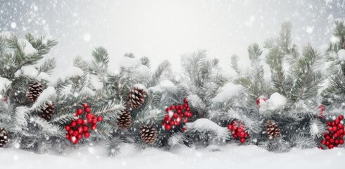 Christmas composition. Fir tree branches, red berries on gray background. created with Generative AI technology