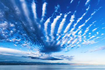 Beautiful cirrus clouds over Kvarner gulf of Adriatic sea in Croatia