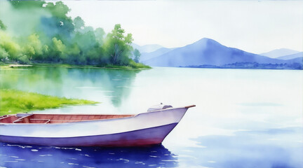 Boat on the lake watercolor oil painting wallpaper background by Generative AI