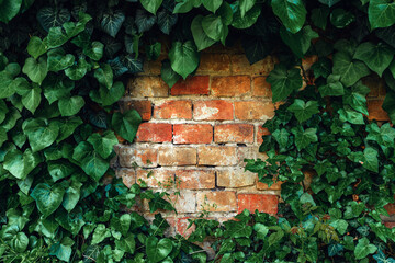 Heart-shaped ivy and worn brick wall as social media background