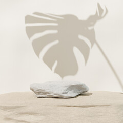 Stone product display podium with shadow tropical monstera leaf on brown background. 3D rendering