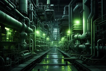 Naklejka premium A factory with many pipes and large tanks. Green equipment.