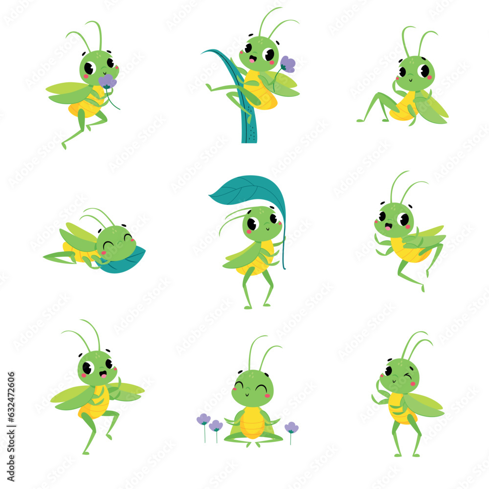 Poster cute green grasshopper character engaged in different activity vector set