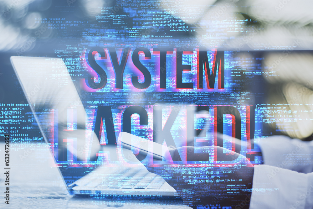 Aufkleber side view of male hands using laptop at desktop with system hacked hologram on blurry background. ha