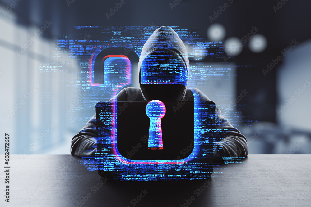 Poster hacker at desk using laptop with creative digital safety hologram on blurry office interior backgrou