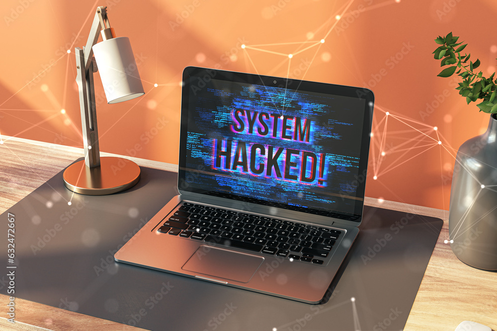 Aufkleber Close up of laptop at desktop with polygonal system hacked hologram on bright wall background. Hacking, malware and technology concept. 3D Rendering.