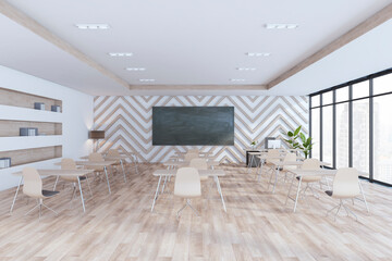Modern classroom interior with empty mock up chalkboard, window and city view, wooden flooring and furniture. Education concept. 3D Rendering.