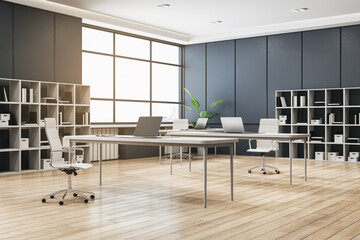 Minimalistic concrete and wooden office interior with window, furniture, equipment and daylight. 3D Rendering.