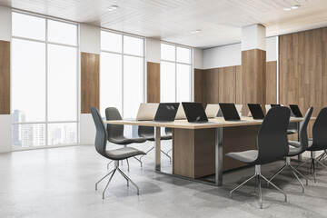 Fototapeta premium Contemporary wooden and concrete boarding room interior with panoramic window and city view, furniture and equipment. 3D Rendering.