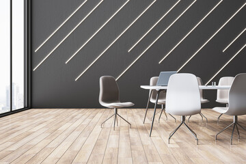 Modern conference room interior with window and city view, wooden flooring, furniture, equipment and decorative lines on wall. 3D Rendering.
