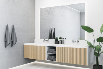 Clean wooden and concrete bathroom interior with mirror, counter and sink. Hotel and home concept. 3D Rendering.