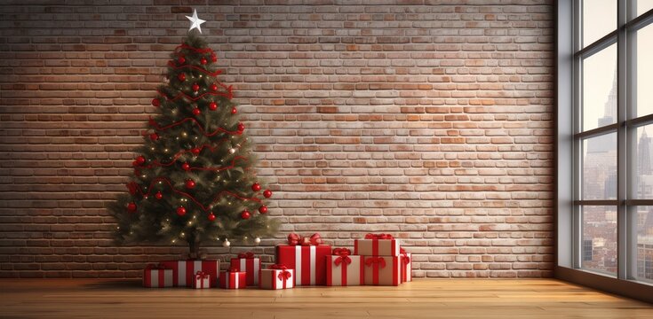 Living room with a decorated Christmas tree on the background of a brick wall created with Generative AI technology