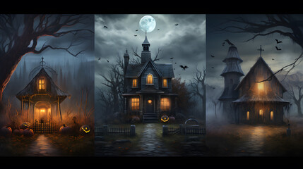 Fototapeta na wymiar Eerie Trilogy: Photorealistic Renderings of Mysterious Haunted Houses with Spine-Chilling Vibes