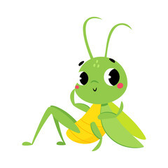 Cute Green Grasshopper Character Sitting Vector Illustration