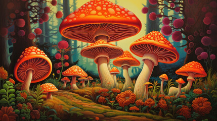 Bright colorful fantastic mushrooms in a forest clearing. Fantasy.