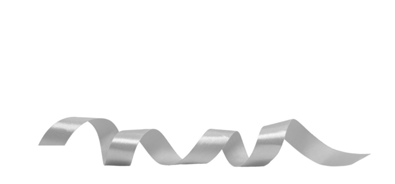 A curly silver ribbon isolated on transparent background, for birthday or celebration concept, PNG image