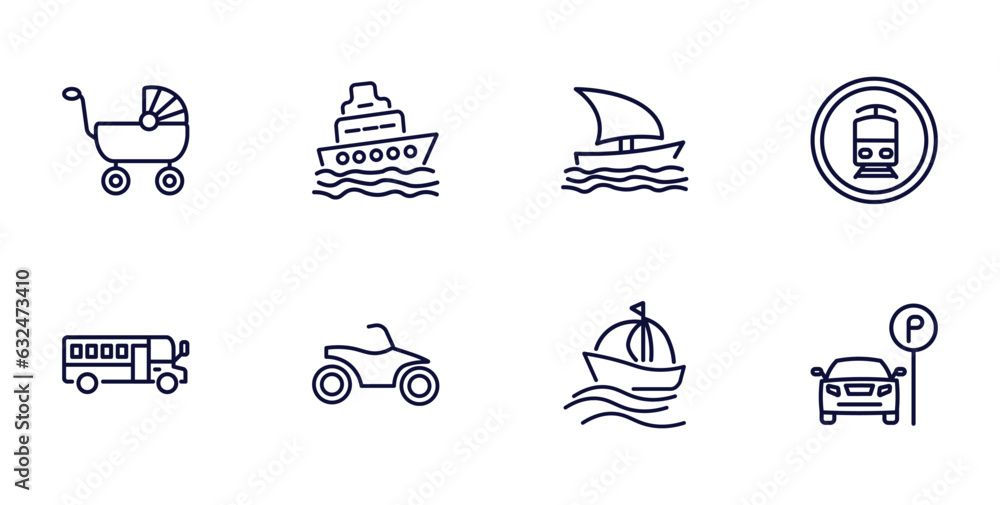 Poster set of transportation thin line icons. transportation outline icons such as babysitter, ferry, tram stop label, school bus empty, quad bike, sailing, car parking vector.