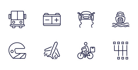 set of transportation thin line icons. transportation outline icons such as public transport, workshop repair, ferry carrying cars, motorsport, flights, delivery bike, shift vector.
