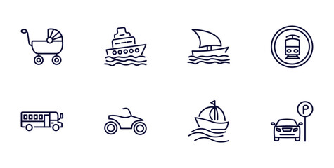 set of transportation thin line icons. transportation outline icons such as babysitter, ferry, tram stop label, school bus empty, quad bike, sailing, car parking vector.