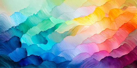 Foto op Canvas Rainbow wave abstract colorful background. Water waves, sky clouds texture blue, yellow, pink copy space for text. Ripples cartoon, ocean wave illustration for pool swim party, beach travel.  © Vita