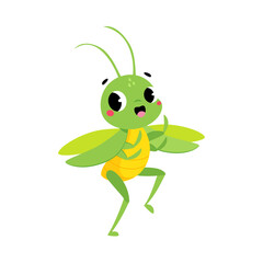 Cute Green Grasshopper Character Jump with Joy Vector Illustration