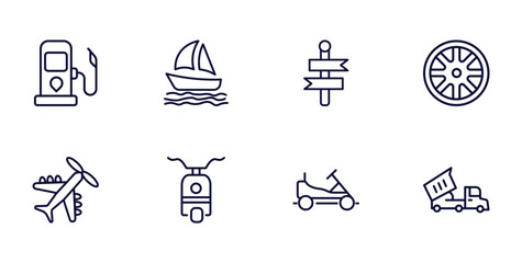 set of transportation thin line icons. transportation outline icons such as petrol station, sail boat, alloy wheel, light aircraft, scooter bike, go kart, heavy vehicle vector.